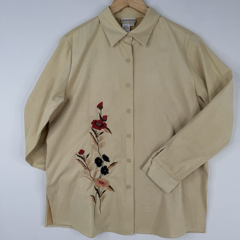 Coldwater Creek Water TAN Floral Button-Front Shirt Long Sleeve Suede WOMENS-M